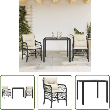 The Living Store 3-tlg. Bistro-Set mit Kissen Schwarz Poly Rattan - Outdoor Möbel - Gartenmöbel - Bistro Set - Esstisch - Stühle