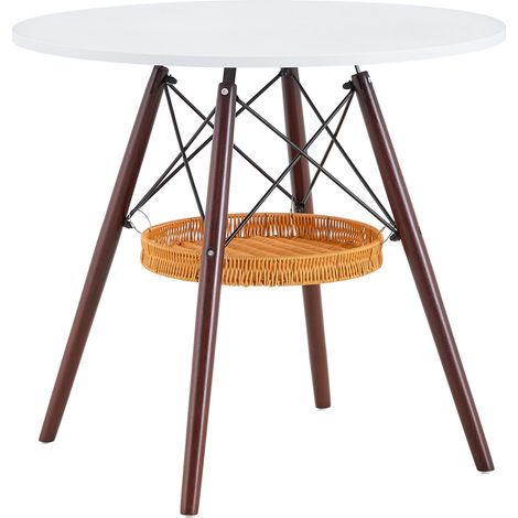 Tavolo da pranzo rotondo 80 cm bianco in MDF con gambe effetto noce e cesto sospeso (1/5)