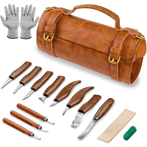 Sculpture Bois Kit, 15 in 1 Pack Outils Deluxe contiennent des Couteaux à Tailler, Gouge a Bois, Gants, Pâte à Polir, XU,un Sac en Cuir, pour Débutants/Professionnels-kzq