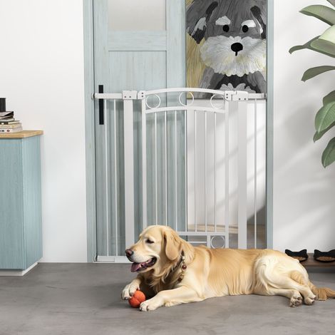 Barrière pour chien à largeur réglable de 76 à 104 cm, barrière de sécurité avec 2 extensions, blanche (1/5)