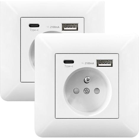 Lot de 2 Multiprise Murale 16A avec USB et Type C – Prise Encastrable pour Téléphone, Smartphone et Tablette (1/4)