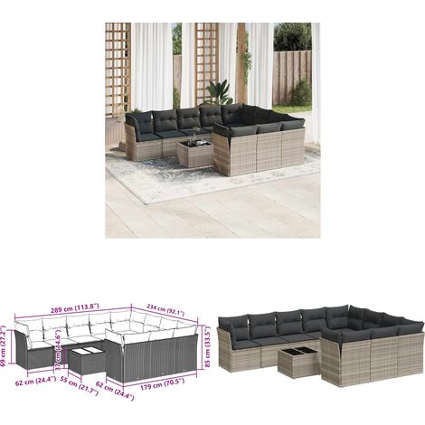 vidaXL Salon de jardin 11 pcs avec coussins gris clair résine tressée (1/3)