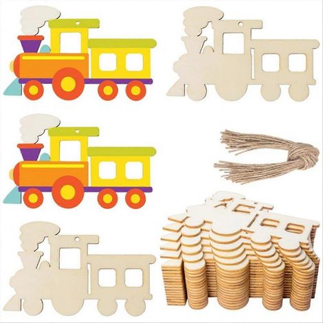 50 pièces de rondelles de bois brutes en forme de train, ornements en bois brut. (1/5)