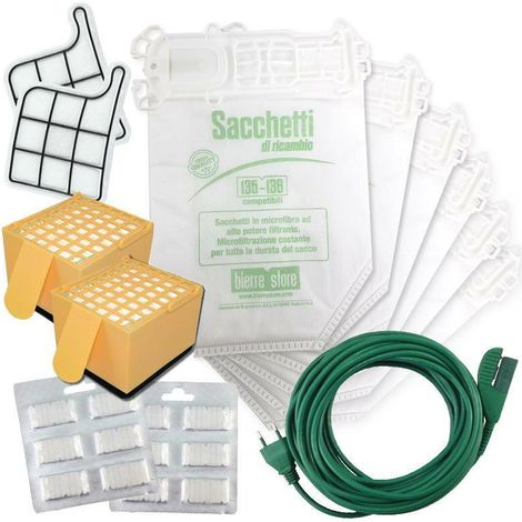 Sacchetti folletto vk 135 vk 136 12pz+12 profumi+2 filtri tela +2 hepa+ cavo 10m compatibili