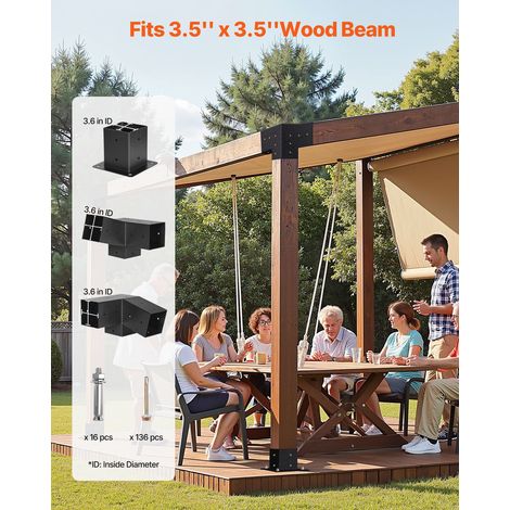 Kit Support de Pergola, Lot de 8, Support de Poteau Bois 92x92 mm, Supports d'Angle à 3 Voies, avec 4 Bases de Poteaux, pour Poutre… (1/5)