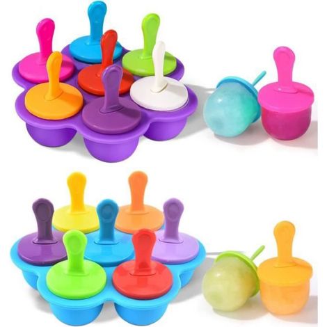 Moule à Glace, 2 PCS Silicone Moule à Crème Glacée, 7 Cellules Moule Glace Bebe avec Bâtonnets en Plastique Colorés, sans BPA (1/4)
