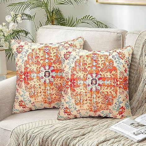 Lot de 2 Housse de Coussin 45x45cm Impression Recto Verso Ethnique Taie d'oreiller Motif Oriental Turc Antique Housse de Coussin Rétro Orange Bohème Décoratifs pour Canapé Lit Chambre Chaise Jardin (1/4)