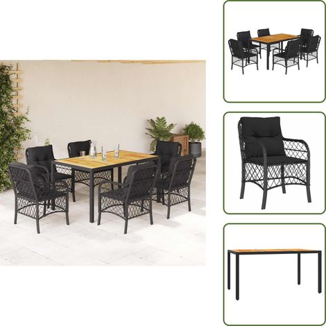 The Living Store 7-tlg. Garten-Essgruppe mit Kissen Schwarz Poly Rattan - Gartenessgruppe (1/5)