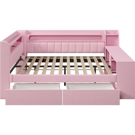Cama de día capitoné 140 x 200 cm rosa con puertos USB, tira LED, escritorio y 2 cajones (1/5)