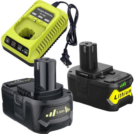 2er-Pack Ryobi 18 V P108 18 V 5,0 Ah Ersatzakku und Ladegerät-Set, für ONE+ 18 V Lithium-Akku P104 P105 P102 P103 P107 P108, mit P117 P118 Schnellladegerät für Ryobi-Akku (1/5)
