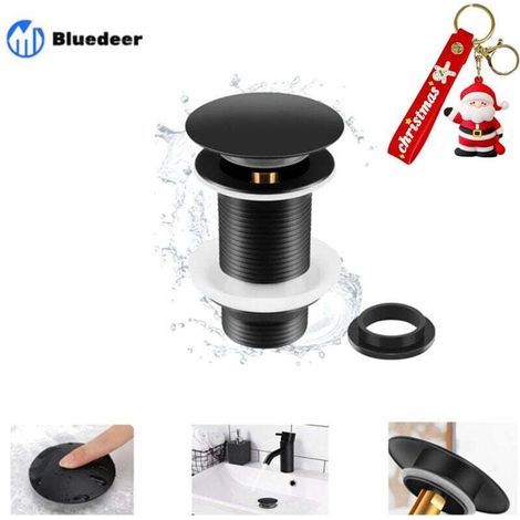 Bonde de Lavabo Noir Sans Trop Plein, Bonde de Lavabo Pop Up Noir Universelle, Bonde de Vidage Sans Trop Plein, Bonde de Vidange Sans Trop Plein, Bonde Pop Up Automatique pour Vasque a Poser, Bluede (1/4)