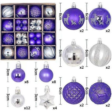 Boule de Noël décorative de 6 cm, ornement pour sapin de Noël, pendentif à suspendre, décoration de Noël et de Nouvel An, violet et argent (1/5)