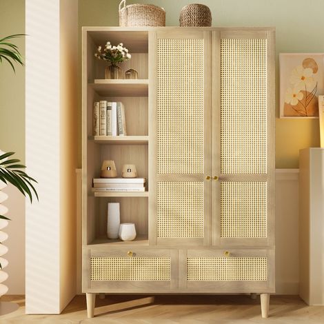 Armoire penderie 120x50x180 cm, avec 2 portes en rotin, tringle, étagères, 2 tiroirs et anti-basculement, bois, Chêne
