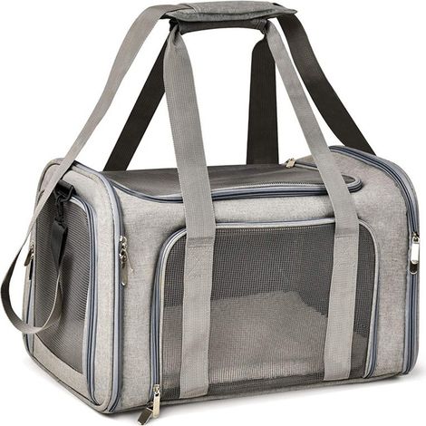 Weiche, faltbare Tragetasche für Katzen/Hunde/Haustiere, geeignet für große Katzen/kleine Hunde, mit Gurten und herausnehmbarer Polsterung, Netztragetasche für Welpen, M (45 cm x 30 cm x 30 cm) (grau)