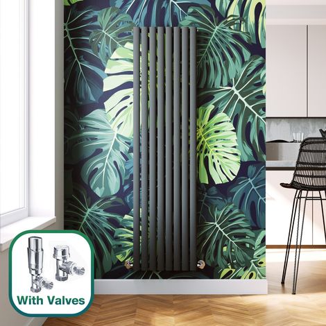 ELEGANT 1800 x 480 mm Designer Anthracite Vertical Column Rads Modern Single Oval Panel Designer Radiator + Chrome Thermostatic Radiator Valves (1/5)