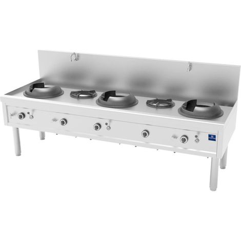Plan de cuisson wok à gaz avec 3 brûleurs 27,5 kW + 2 brûleurs soupe 9,2 kW, 2 robinets pour l'eau 2450x850x1110 mm - VIRTUS