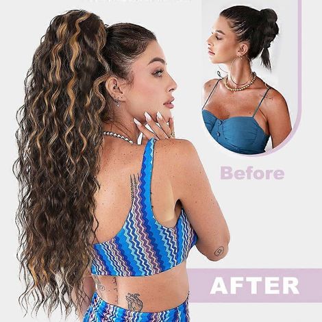 Extension queue de cheval à cordon de serrage de 66 cm (26 pouces) de long, brune avec des mèches blond caramel, pour femme. Cheveux synthétiques longs, bouclés et ondulés, à clipser, pour un usage qu (1/3)