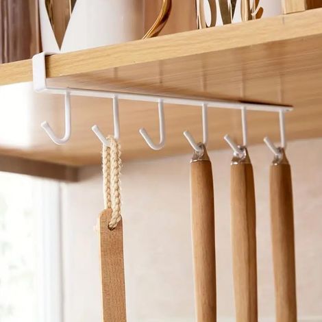 Porte tasses à café sous armoire Étagère de rangement à 6 crochets, installation sans vis, crochets suspendus pour ustensiles de cuisine, rangement et organisation ménagère, pour la cuisine (1/5)
