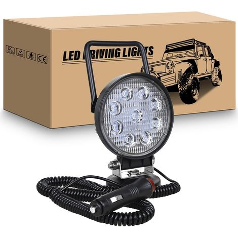Feux de Travail Aimanté, 4 Pouces 10cm 27W Flood Feu Antibrouillard Portable Phare Led Rond 12V 24V, Base Magnétique, Allume Cigare, Câble 3 mètres pour Offroad Voiture Camion SUV 4x4 Tracteur (1/5)