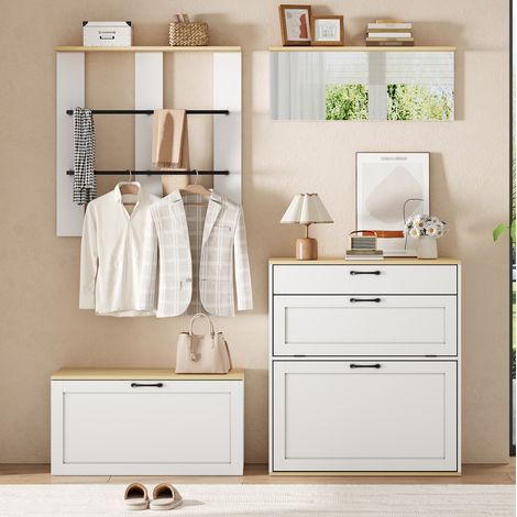Garderoben Set 156x36x176 cm mit Schuhschrank, Sitzbank, Spiegel, Metallgarderobe, MDF und Spanplatte, Weiß Naturholz (1/5)