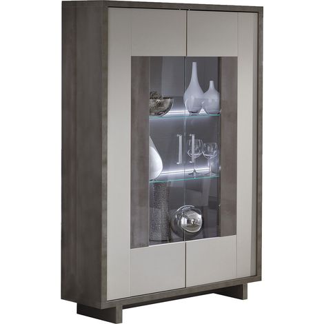AUXANE - Vitrine 2 Portes Gris Acier Metallisé et Gris Mat avec Leds (1/3)