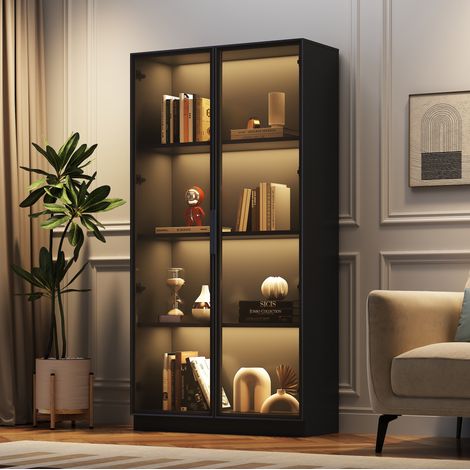 CHICFURN Vitrina 80x40x160 cm de aglomerado negro con puertas de cristal y LED APP (1/5)