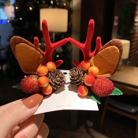 Paire de pommes de pin rouge framboise en bois, serre-tête de Noël en forme de bois de renne pour cheveux (1/4)