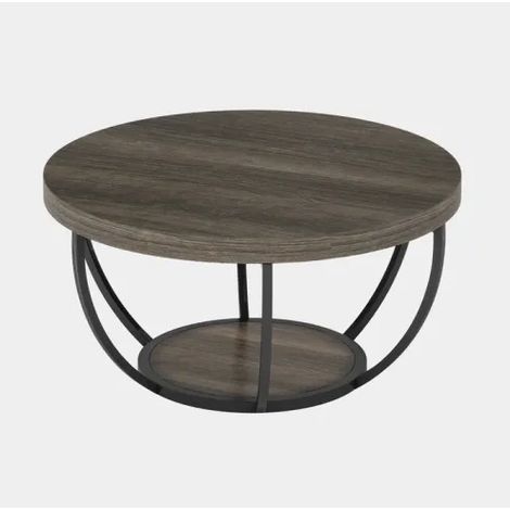 Mesa auxiliar redonda de 2 niveles de madera y metal gris (1/5)