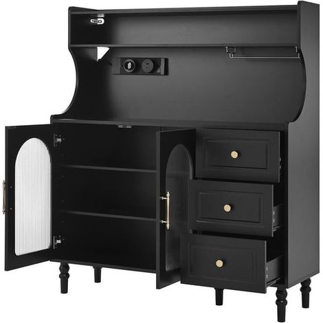 Hochschrank mit Steckdosen und Schubladen, Barschrank mit Weinglashaltern und Stauraum, Küchen-Buffetschrank mit verstellbaren Schichtböden, Ideal für Küche und Esszimmer (Schwarz) (1/5)