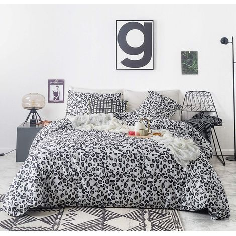 Parure de lit 3 pièces avec Housse de Couette 100% Coton Motif léopard Gris avec Fermeture éclair, Attaches, 2 taies d'oreiller, Motif guépard Noir, 1 Housse de Couette Moderne à imprimé (1/5)