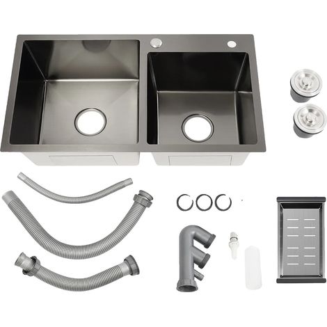 Évier de cuisine double, drainage efficace, distributeur de savon pratique, Noir Gris (1/2)