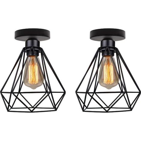 Lot de 2 Lustre Plafonnier Industriel Métal Suspension Luminaire Style Cage Géométrique E27 Mini Lampe de Plafond Vintage pour Couloir Entrée, Noir (1/3)