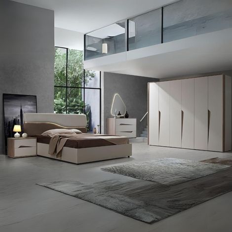 Camera da letto Soleil con letto contenitore colore cashmere e olmo biscotto