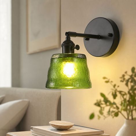 Applique murale rétro en verre épais, corps en fer/cuivre, douille E27 avec interrupteur intégré et tête orientable à 90° pour chambre (1/5)