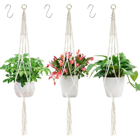 3 Pièces Suspension Plante, Macramé Coton 105cm, Support Pot Avec Crochets, Pour Intérieur Extérieur Jardin (1/5)