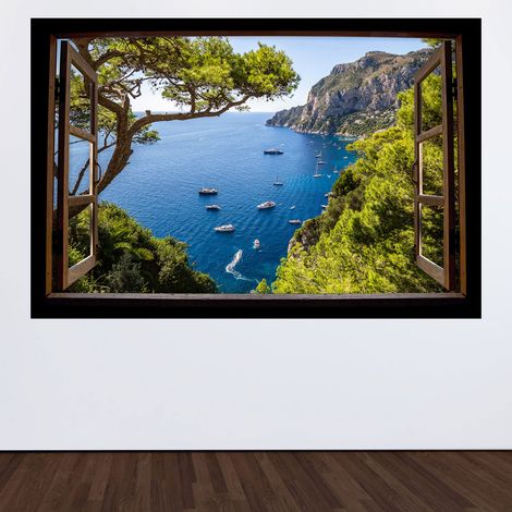 Stickers Trompe l'oeil fenêtre en bois - Vue mer - 60 x 90 cm (1/3)