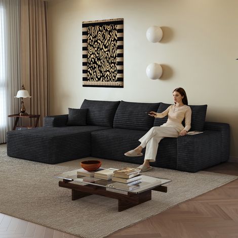 Canapé Convertible 3 places en velours côtelé noir, Canapé d'Angle Moderne ouverture express avec module modulaire en L, chaiselongue, assise profonde, montage non requis, sans armature (1/5)