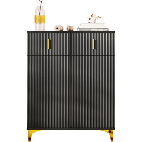 Buffet/meuble à chaussures – Panneaux texturés, étagères réglables, doré