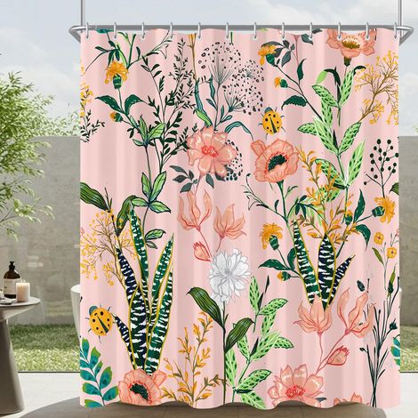Rideau de douche 120 x 200 cm, style bohème, rose, ourlet lesté, anti-moisissure, imperméable, lavable, en polyester, avec 8 œillets et anneaux de rideau de douche, pour salle de bain (1/5)