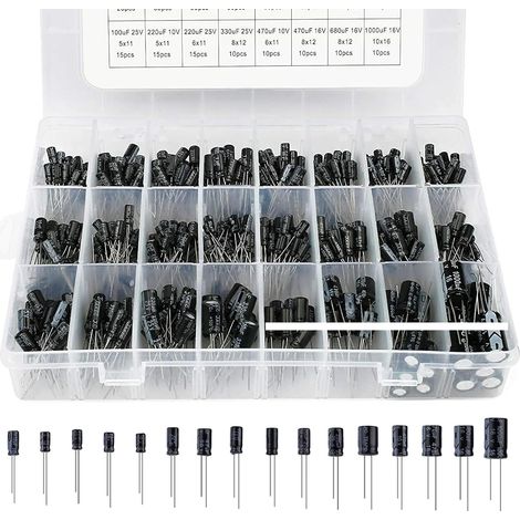 Lot de 500 condensateurs électrolytiques en aluminium 0,1 uF à 1000 uF avec boîte de rangement, 10 V 16 V 25 V 50 V (1/5)