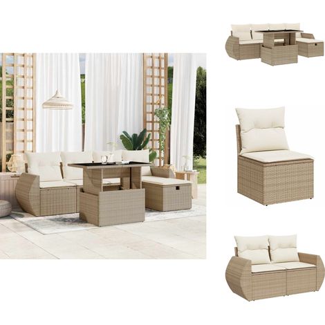 Salon de jardin avec coussins 6 pcs beige résine tressée - Ensemble Salon De Jardin - Mobilier De Jardin - Table Extensible - Chaise Lounge - Set De Jardin (1/5)