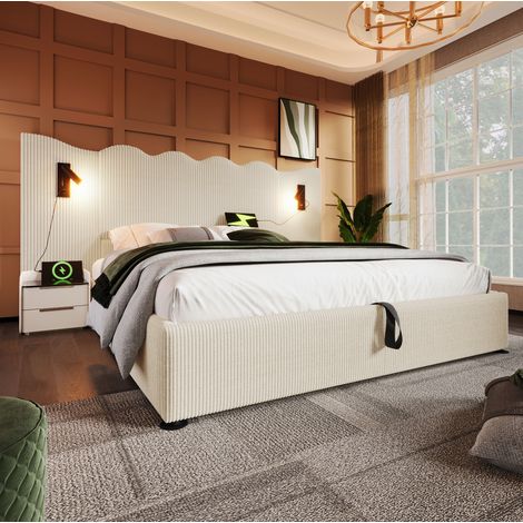 lit adulte double rangement 180x200 tissu côtelé beige OKMYHOME (1/5)