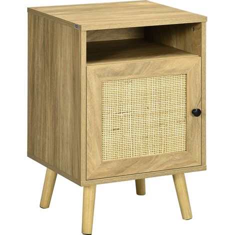 Bedside Table with Rattan Element, Side End Table with Shelf and Cupboard, 39cmx35cmx60cm, Natural