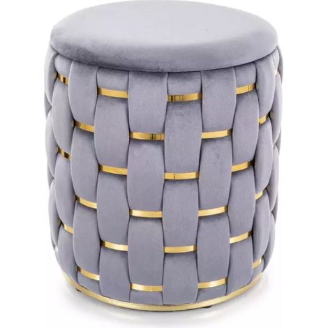 Pouf en velours gris tressé avec coffre de rangement et finitions dorées TANIAT