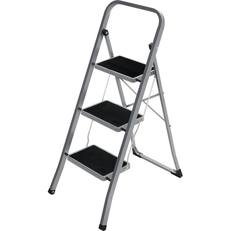 Échelle domestique à 3 marche pliable largeur de marche 20 cm antidérapant avec barre d’appui charge 150 kg en acier gris