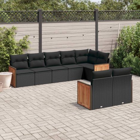 Ensemble Salon Jardin 8 Places Noir Résine Tressée avec Coussins - Canapé d'Angle, Siège Central et Accoudoirs - Mobilier Extérieur Modulaire (1/5)