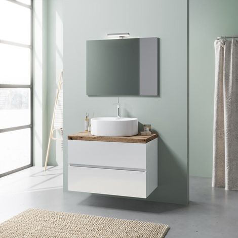 Kiamami Valentina – Meuble de salle de bains suspendu 80 cm – Lavabo céramique blanc – Miroir 80x60 cm – 2 tiroirs avec fermeture douce – Bois mélaminé blanc brillant (1/4)