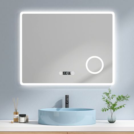 EMKE Espejo de Baño con luz, Espejo Baño LED con 3X Lupa, espejo de baño de gran tamaño, IP44 Ahorro de energía, 90 x 70 cm Luz blanca fría + Interruptor tactil + Antivaho + Reloj