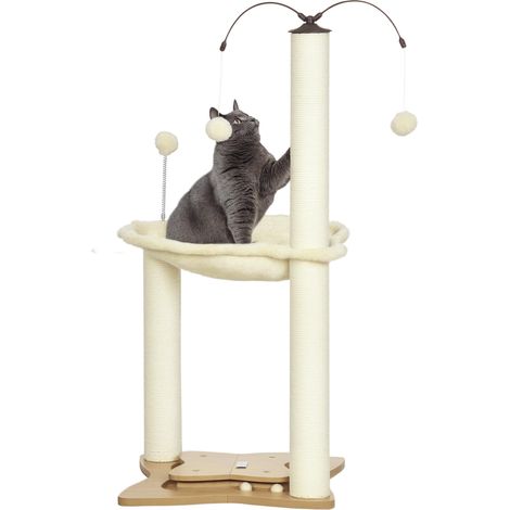 Arbre à chat avec griffoir pour chats jusqu'à 5 kg, hamac, balles et poteaux en sisal, 53.5 x 53.5 x 90 cm, beige