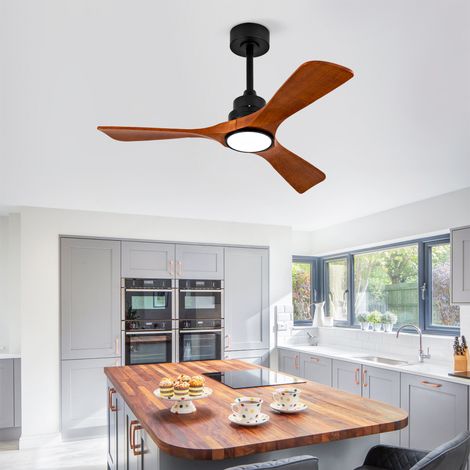 Ventilateur de plafond silencieux 42" avec éclairage intégré, 3 pales en bois massif, télécommande et interrupteur mural, moteur DC réversible à mémoire, pour salon et chambre.